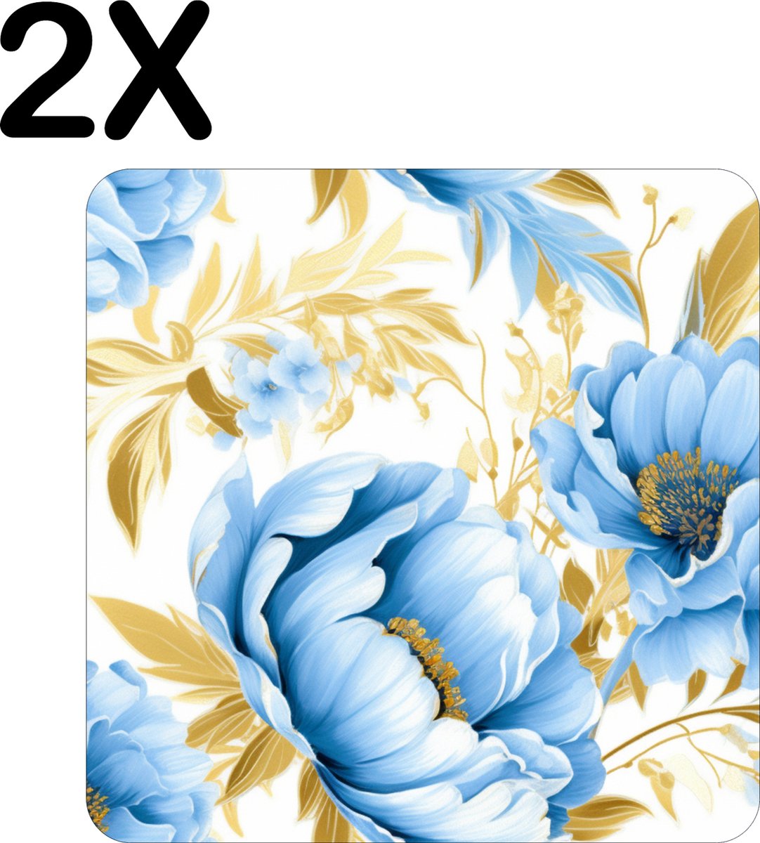 BWK Stevige Placemat - Patroon van Blauwe Bloemen met Gouden Bladeren - Set van 2 Placemats - 50x50 cm - 1 mm dik Polystyreen - Afneembaar