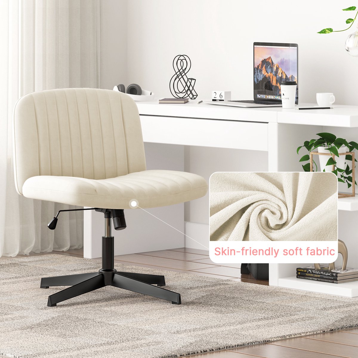 Beige fluwelen stoel - draaibare zitting - Scandinavische eetkamerstoelen - Chique elegantie - Zwarte metalen poten - Eetkamer, studeerkamer, woonkamer – foto 8