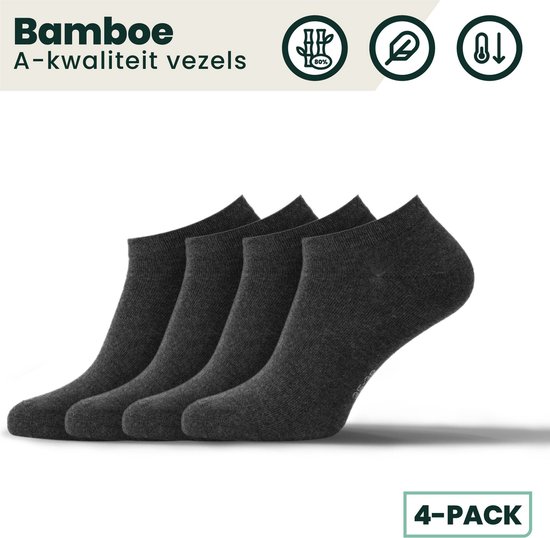 Bamboe Sneakersokken | Bamboe Enkelsokken | Bamboe Sokken | Anti-zweet Sokken | Naadloze Sokken | 4 Paar - Antraciet | Maat: 35-38 | Merk: Bamboosa