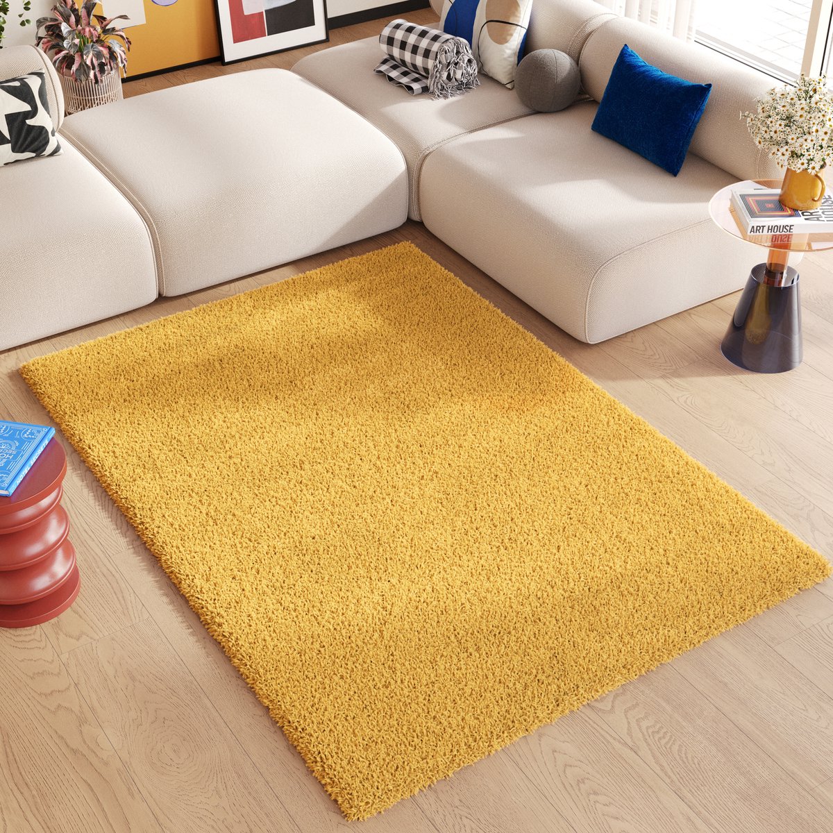 Tapiso Essence Vloerkleed Geel Hoogpolig Shaggy Tapijt Maat- 140x200