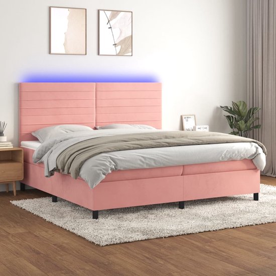 The Living Store Boxspring Bed LED Roze - 203x200x128 cm - Fluweel topmatras