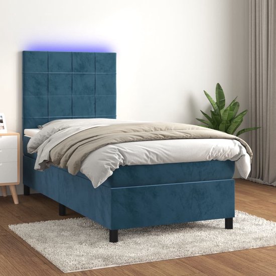 The Living Store Boxspring Donkerblauw Fluweel 203x100x118/128cm + Pocketvering Matras 100x200x20cm + Bedtopmatras 100x200x5cm + Kleurrijke LED