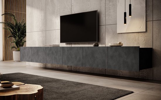Zwevend grijs tv-meubel met textuur, onder een flatscreen tv.