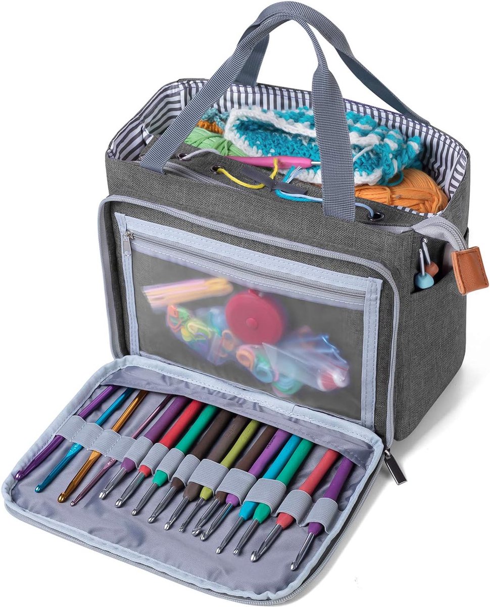 Hobby Gift Exclusieve knutseltas, schoudertas, breitas, garenopslag, schoolrugzak, 13 x 36 x 31 cm, grijze stippen