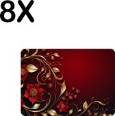 BWK Luxe Placemat - Rood - Goud - Bloem - Blad - Achtergrond - Set van 8 Placemats - 35x25 cm - 2 mm dik Vinyl - Anti Slip - Afneembaar