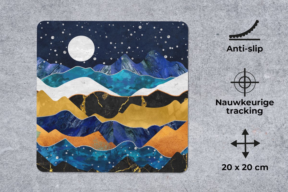 Muismat 20x20 cm - Mousepad Nacht - Goud - Marmer print - Abstract - Landschap - Berg - Muismatten