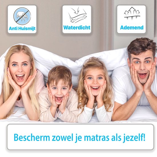 Een gezin onder een deken, met de tekst 'Anti Huismijt', 'Waterdicht' en 'Ademend'. Bescherm je matras en jezelf!
