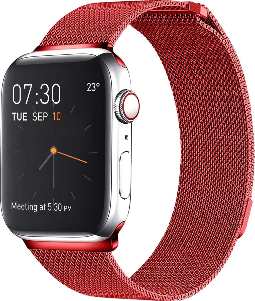 Mobigear Loop Milanese Watch bandje geschikt voor Apple Watch Bandje Magneetsluiting - 49/45/44/42 mm - Rood
