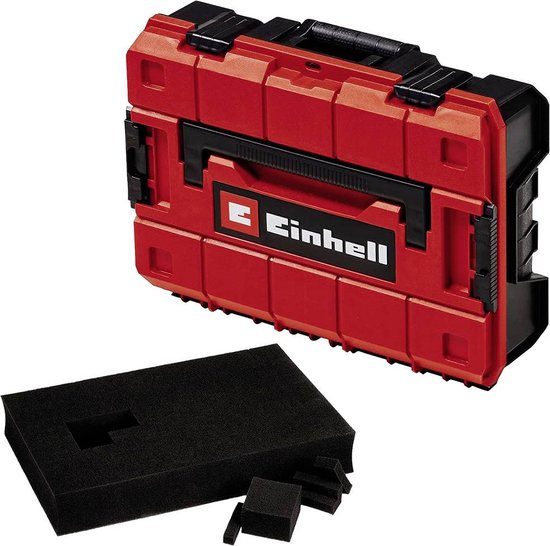 Rode Einhell koffer met zwart handvat en een zwart schuimrubberen inzetstuk ernaast.