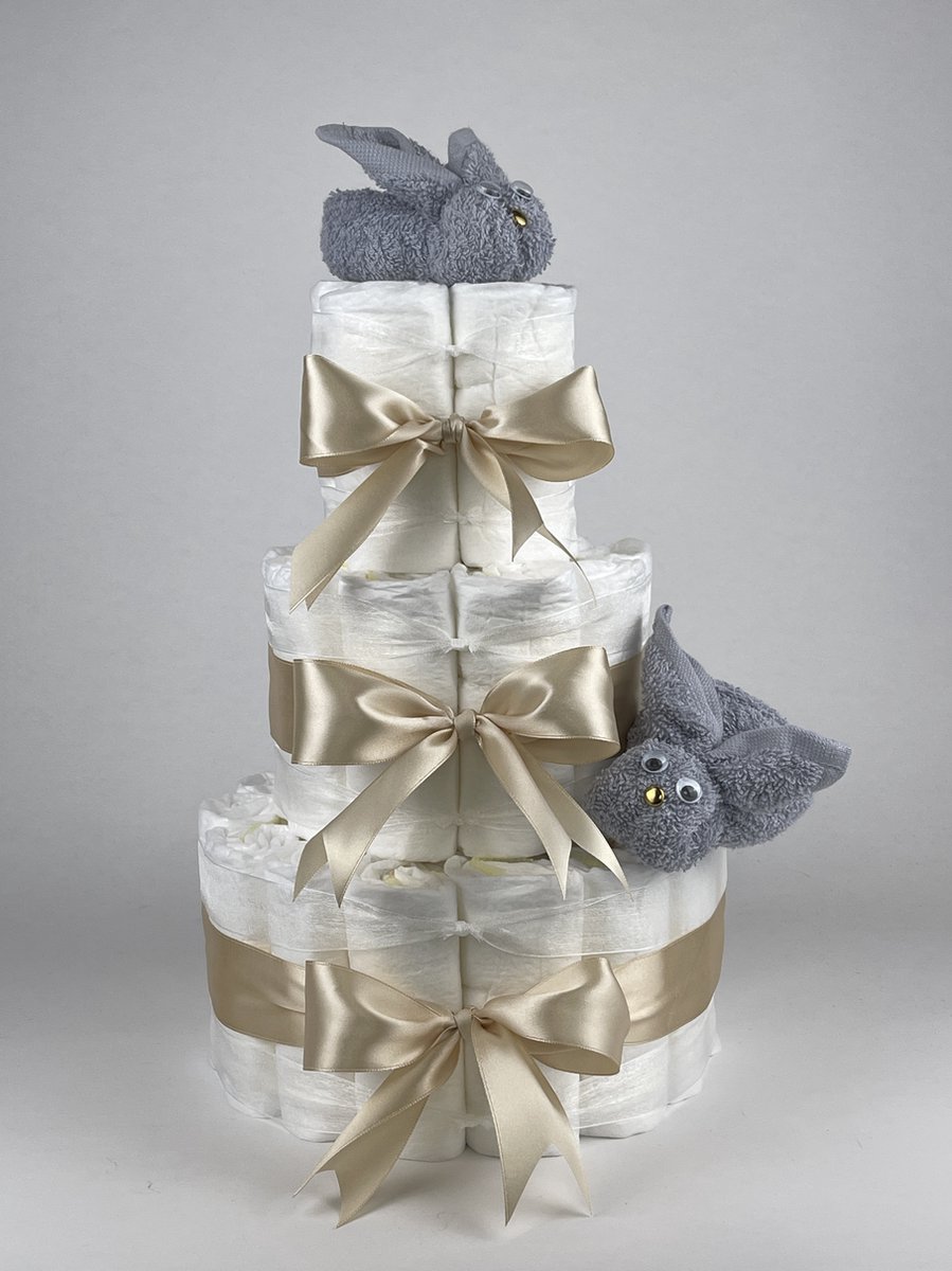 Goedkoopste Chouette-Chouette | Luiertaart Neutraal | Kraamcadeau | Geboorte Jongen Meisje | Babyshower | Konijnen Grijs - Beige