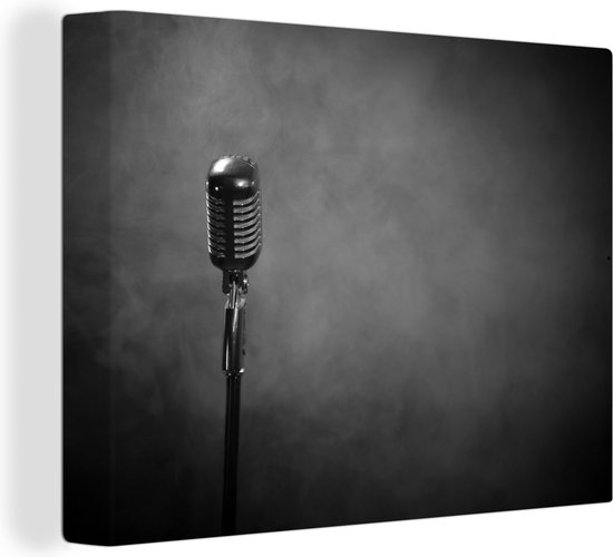 Canvas Schilderij Retro microfoon met blauwe en paarse rook - zwart wit - 120x90 cm - Wanddecoratie