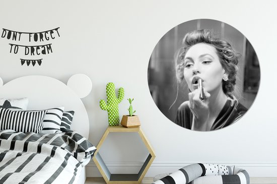 Cercle mural - Stickers muraux - Cercle de papier peint - Femme - Maquillage - Vintage - Portrait - Zwart et blanc - Ø 140 cm - Cercle mural - Autocollant - Sticker mural rond