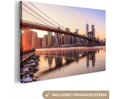 Canvas schilderij 120x80 cm - Wanddecoratie Kleurrijke hemel boven de New Yorkse Brooklyn Bridge - Muurdecoratie woonkamer - Slaapkamer decoratie - Kamer accessoires - Schilderijen op canvas