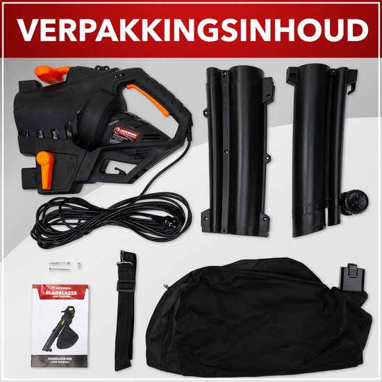 Inhoud van de verpakking: zwarte bladblazer, opvangzak, schouderband, buizen, snoer en handleiding.