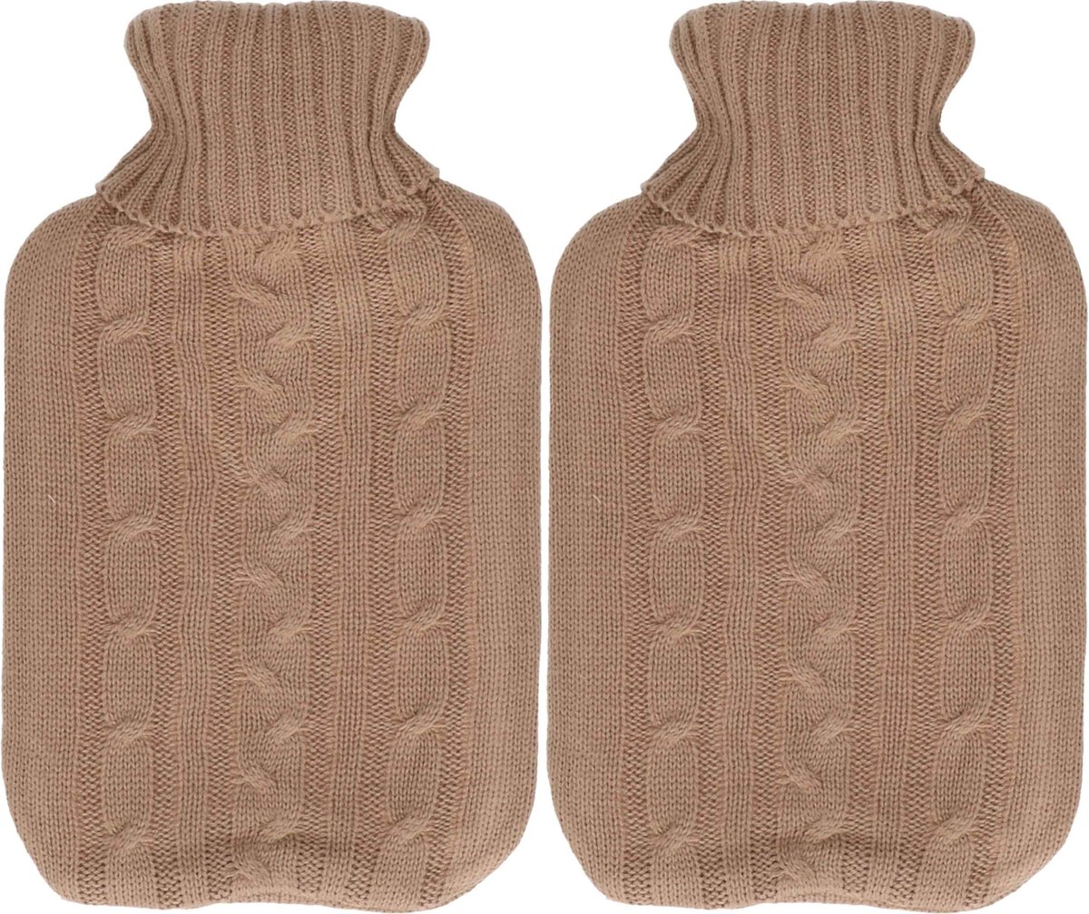 Goedkoopste H&S Collection Warmwaterkruik - 2x - met zacht gebreide hoes - bruin - 1,75L - kruik