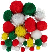 Pompons - 90x - Kerstmis thema kleuren - 10-40 mm - hobby/knutsel materialen