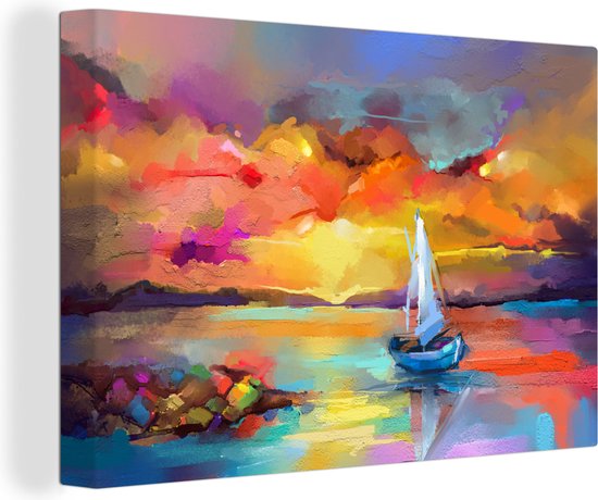 Canvas - Olieverf - Schilderij - Boot - Wolken - Kleuren - 90x60 cm - Interieur - Schilderijen op canvas