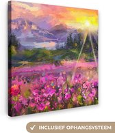 Canvas - Schilderij - Olieverf - Bloemen - Zon - Natuur - 90x90 cm - Schilderijen op canvas - Wanddecoratie