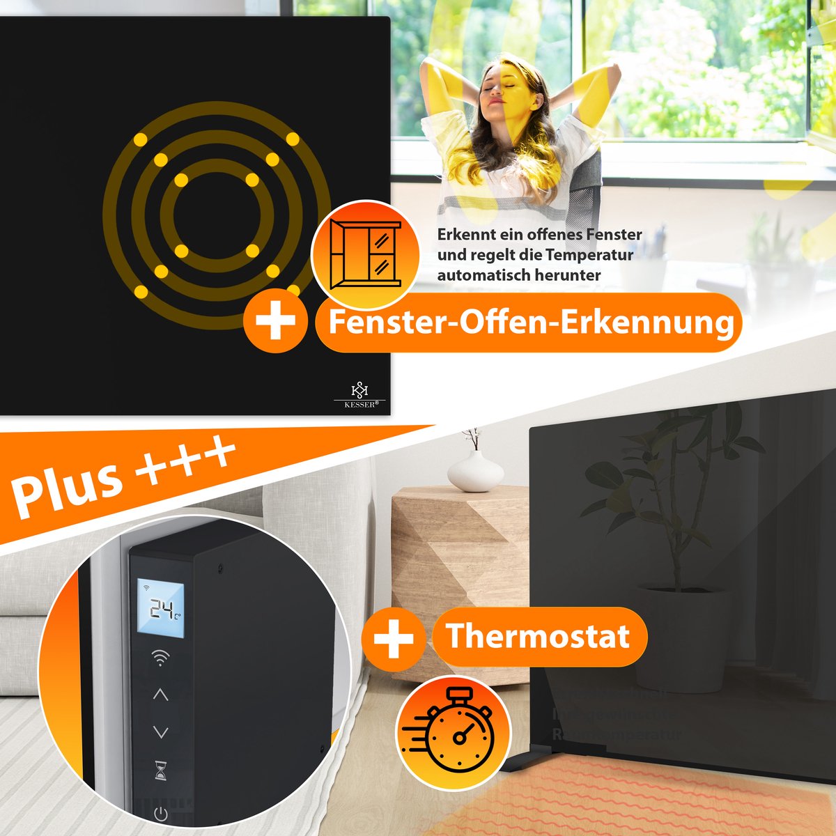 KESSER® Infrarood Kachel 600W Elektrische Verwarmingspaneel - Infraroodverwarming Energiebesparing 2-in-1 Staande & Muurmontage Verwarming met Thermostat + open raam detectie + Afstandsbediening & APP-bediening - Zwart – foto 8