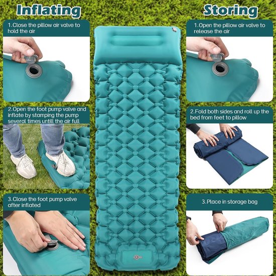 Campingslaapmat Zelfopblazend met voetpers, extra dikke opblaasbare slaapmat, ultralicht compact waterdicht luchtbed voor reizen, backpacken, wandelen, tent (blauw) — afbeelding 4