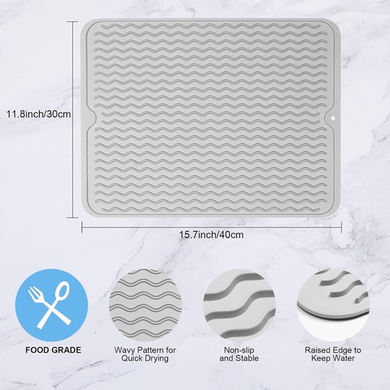 Maxi, afdruipmat voor servies, extra grote rubbermat met noppenstructuur voor het drogen van servies en glazen, spoelbakmat van hoogwaardig kunststof, vaatwasmachinebestendig, 40 x 30 cm, grijs