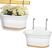 Set van 2 hangende plantenbakken, hangende bloempot, rechthoekige bloempot met afvoergaten en schotel voor balkon, tuin, hekdecoratie, met 2 haken (wit)