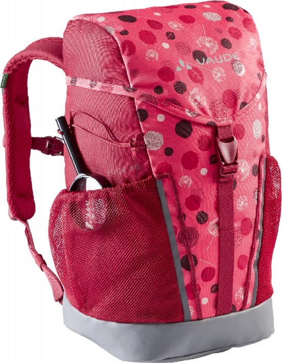 Rood met roze stippenprint rugzak met gaasvakken aan de zijkant en een grijze bodem.