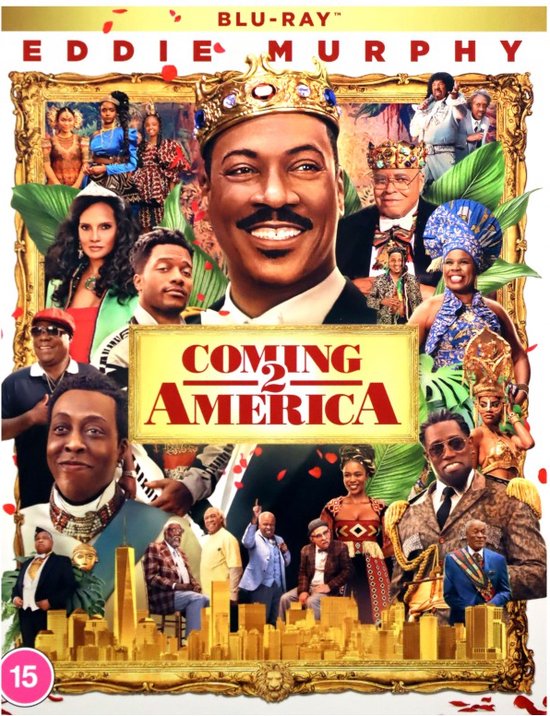 Poster van 'Coming 2 America' met Eddie Murphy in een gouden kroon, omringd door castleden in kleurrijke kleding en koninklijke outfits.