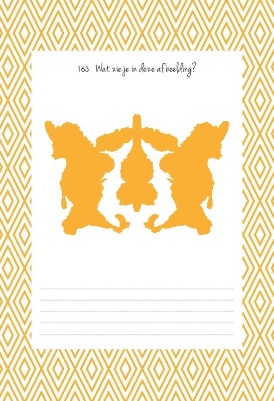 Bladzijde met een inktvlektest in het geel, met ruimte voor notities. Goudkleurig patroon op achtergrond.