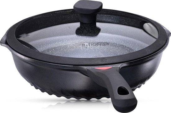 Koekenpan Anti-Kras glazen Deksel - 28cm diepe saute pan, duitse Greblon steen coating - Inductie koekenpan chemisch vrij (Black)