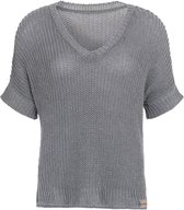 Knit Factory Daisy Gebreide Dames Top - Trui met korte mouwen - Gebreide t-shirt - T-shirt - Shirt gemaakt van 80% gerecyceld katoen - Duurzaam & milieuvriendelijk - Korte mouw - V-hals - Licht Grijs - 36/44