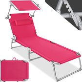 tectake® - ligstoel, robuust, verstelbaar, stalen onderstel met zonnescherm, 4-standen rugleuning inclusief hoofdkussen, strandstoel Ideaal voor tuin, zwembad, camping– pink - 68 x 190 x 28 cm