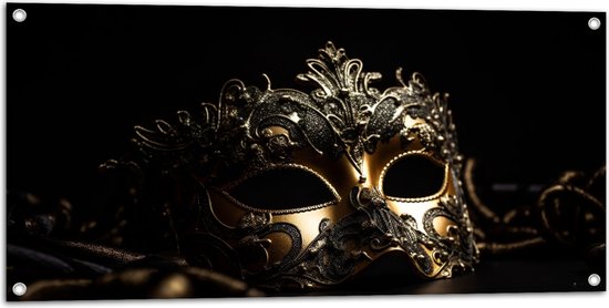 Tuinposter – Masker - Zwart - Goud - 100x50 cm Foto op Tuinposter (wanddecoratie voor buiten en binnen)