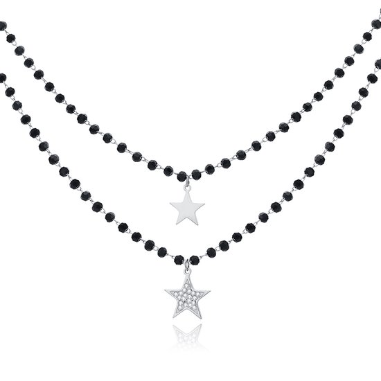Collier Double Couche Perles de Cristal - Étoiles Argent