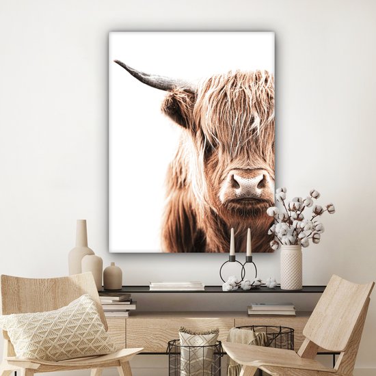 Canvas Schilderij Schotse hooglander - Koe - Wit - 90x120 cm - Wanddecoratie