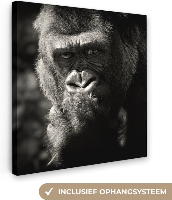 Canvas Schilderij Gorilla op zwarte achtergrond in zwart-wit - 20x20 cm - Wanddecoratie