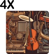 BWK Luxe Placemat - Getekende Muziek Instrumenten - Set van 4 Placemats - 40x40 cm - 2 mm dik Vinyl - Anti Slip - Afneembaar