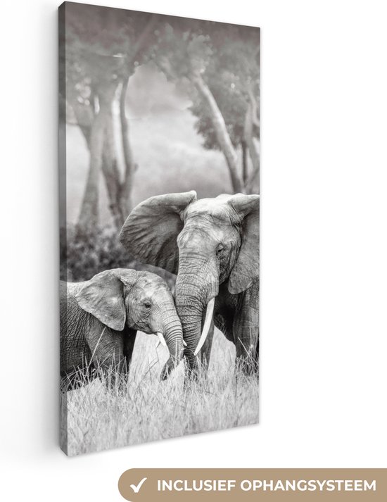 Canvas Schilderij Olifant - Dieren - Natuur - Zwart wit - 40x80 cm - Wanddecoratie