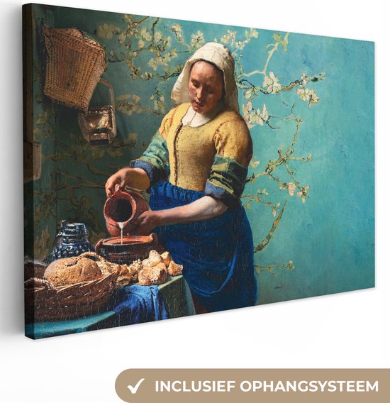 Canvas schilderij - Melkmeisje - Amandelbloesem - Vermeer - Van Gogh - Schilderijen op canvas - Foto op canvas - Canvasdoek - Muurdecoratie - Slaapkamer - 120x80 cm - Woonkamer - Kamerdecoratie - Wanddecoratie