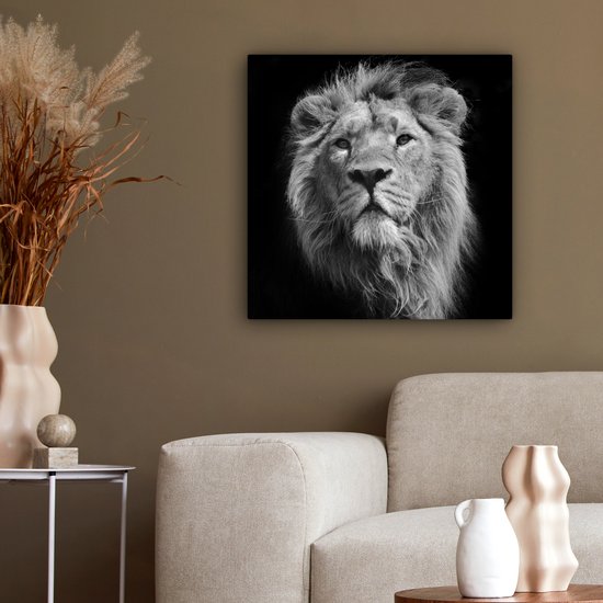 Toile Peinture Lion - Portrait - Zwart - Wit - 50x50 cm - Décoration murale