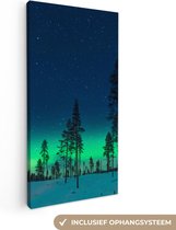 Canvas Schilderij Noorderlicht - Sneeuw - Bomen - Natuur - Groen - 40x80 cm - Wanddecoratie