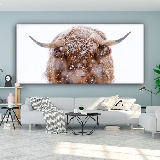 Peinture sur toile Highlander écossais - Cornes - Neige - 160x80 cm - Décoration murale