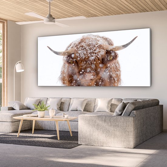 Peinture sur toile Highlander écossais - Cornes - Neige - 160x80 cm - Décoration murale