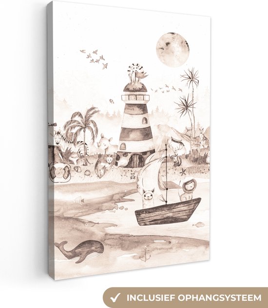 Canvas - Kinderen - Dieren - Vuurtoren - Strand - Boot - Vogels - Canvas schilderij - Schilderijen op canvas - 40x60 cm