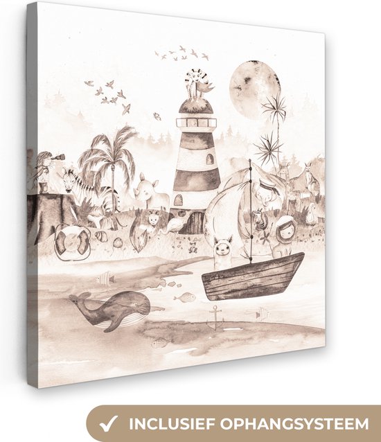 Canvas - Kinderen - Dieren - Vuurtoren - Strand - Boot - Vogels - Canvas schilderij - Schilderijen op canvas - 20x20 cm