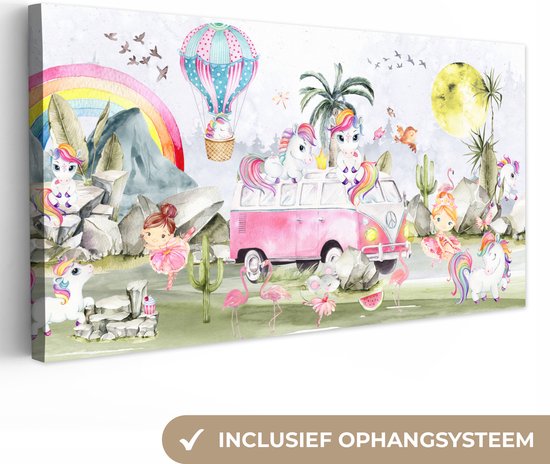 Canvas - Kinderkamer - Unicorn - Eenhoorn - Roze - Auto - Ballon - Canvas schilderij - Canvasdoek - 80x40 cm