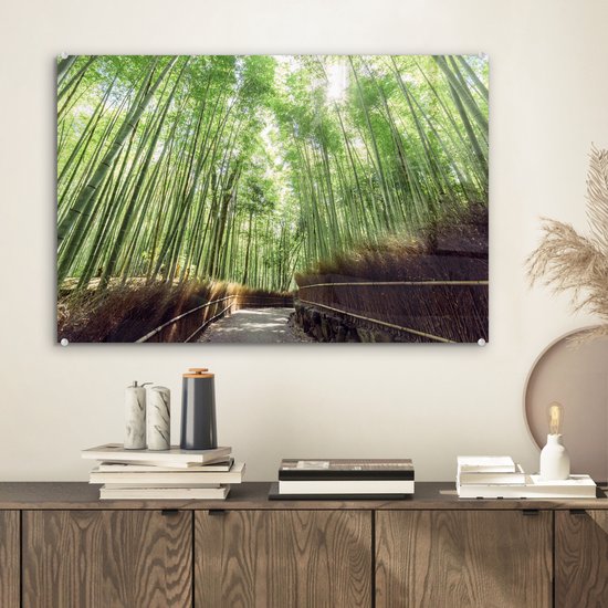® Glasschilderij 60x40 cm - Schilderij acrylglas - Bamboebosje in Arashiyama Japan - Foto op glas - Muurdecoratie woonkamer - Wanddecoratie slaapkamer - Schilderijen