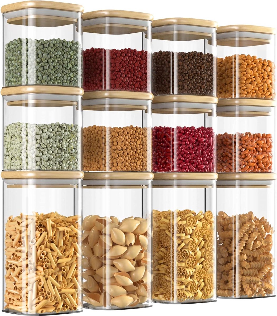 Glazen voorraadpottenset met deksel, set van 12, vierkante voorraaddozen, glas, kruidenpotjes, luchtdicht, glazen potten voor koffie, thee, specerijen - vaatwasmachinebestendig