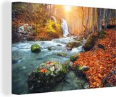 Canvas schilderij - Canvas natuur - Waterval - Herfst - Bomen - Zon - Canvas doek - 120x80 cm - Schilderijen op canvas - Muurdecoratie - Woonkamer