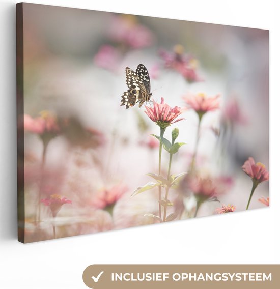 Peintures sur Toile - Papillon - Bloem - Rose - 90x60 cm - Décoration murale